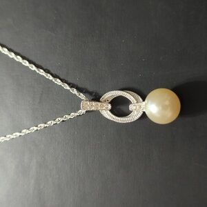 NVC Silver Tone Faux Pearl Clear Rhinestone Pendant Statement Necklace